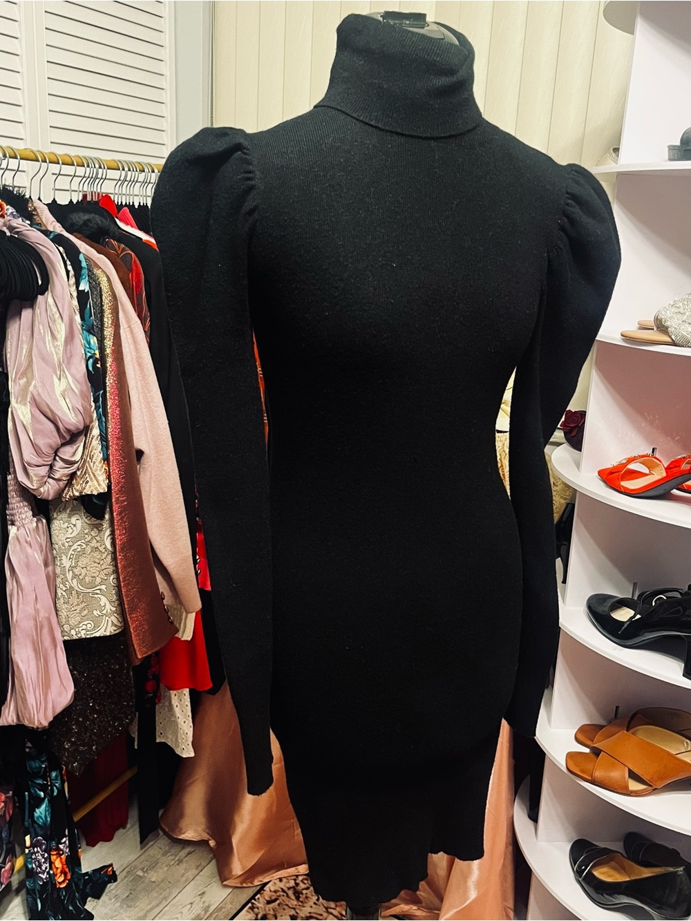 Black Turtleneck Puff-Sleeve Bodycon Dress - Picture 3 of 4